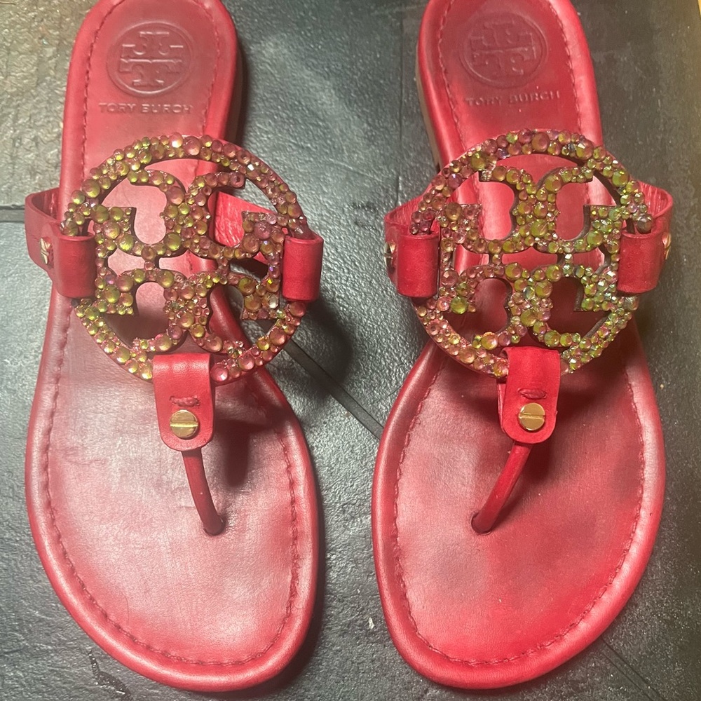 Tory Burch Fuchsia Miller Sandals with Iridescent Rhinestone Logo Size 7